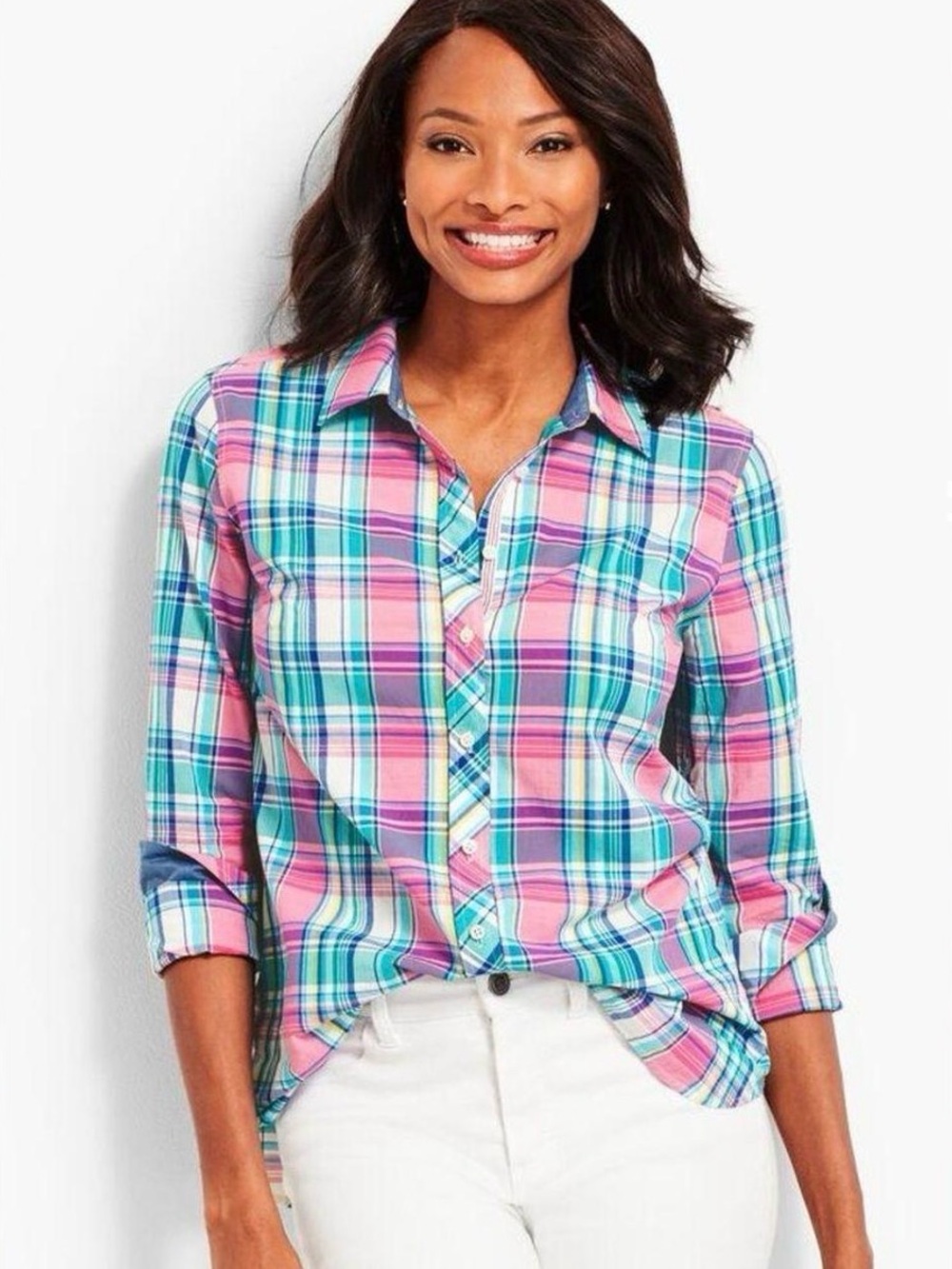 Talbots Pink & Blue Plaid Button-Down Shirt, sz S, nwt gorgeous colors!